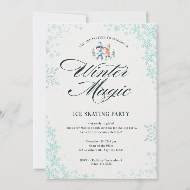 Blue Elegant Winter Snowflakes Kids Birthday Party Invitation (Front)