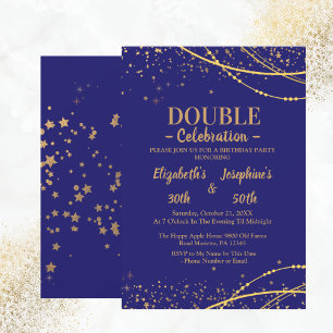 Blue elegant with gold stars double joint birthday invitation