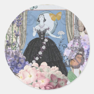 Blue Elegant Woman Floral Fancy Gown  Classic Round Sticker