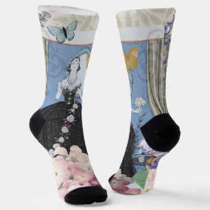 Blue Elegant Woman Floral Fancy Gown  Socks
