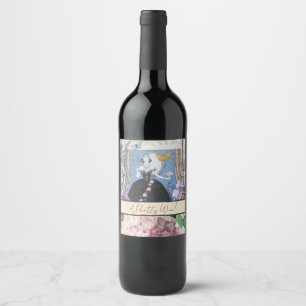 Blue Elegant Woman Floral Fancy Gown  Wine Label