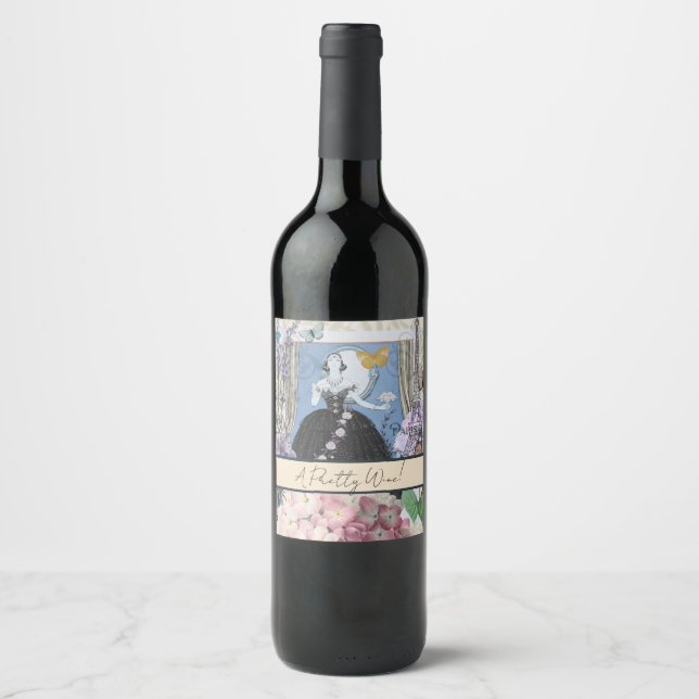Blue Elegant Woman Floral Fancy Gown  Wine Label (Front)