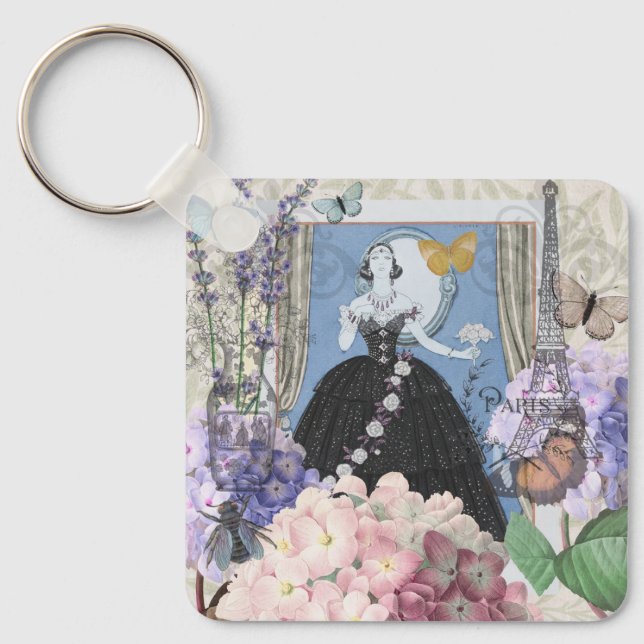 Blue Elegant Woman Floral Gown Dressy Key Ring (Front)