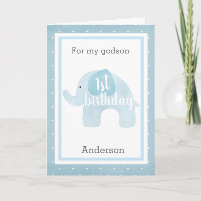 Blue Elephant 1st Birthday Godson Card (Front)