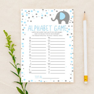 Blue Elephant Alphabet Baby Shower Game Stationery