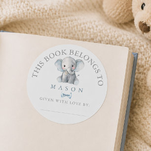 Blue Elephant and Bowtie Baby Bookplate Sticker