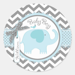 Blue Elephant and Chevron Print Baby Shower Classic Round Sticker