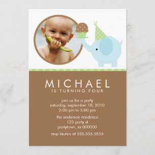 Blue Elephant and Cupcake Birthday Invitation