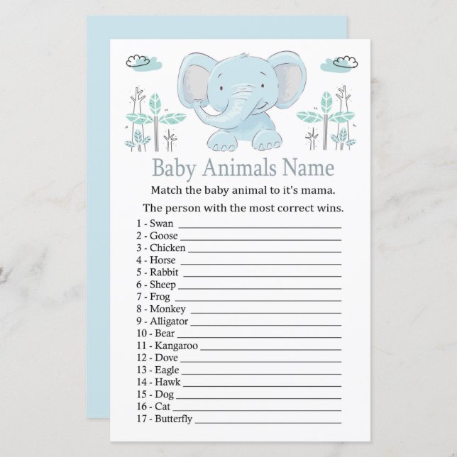 Blue elephant Baby Animals Name Game (Front/Back)