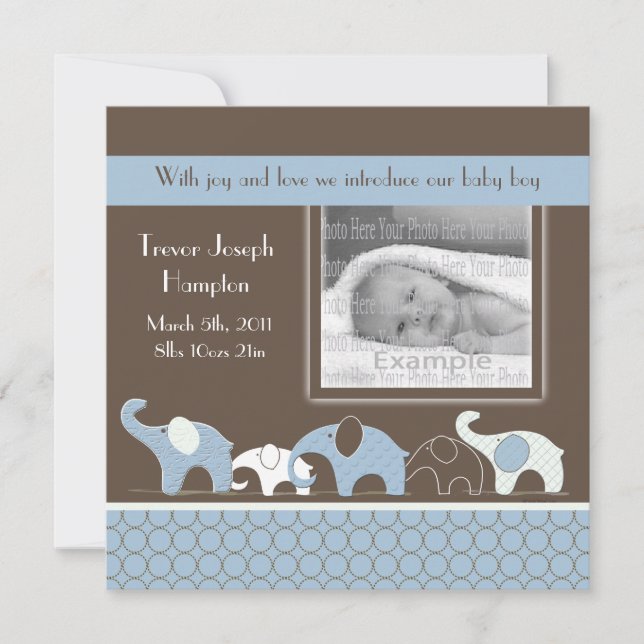 Blue Elephant Baby Boy Announcement (Front)