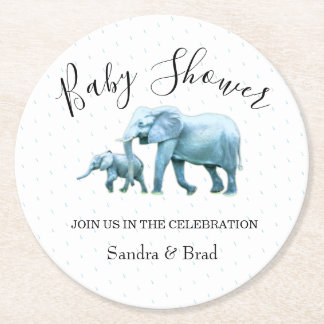 Blue elephant, baby Boy baby shower Round Paper Coaster