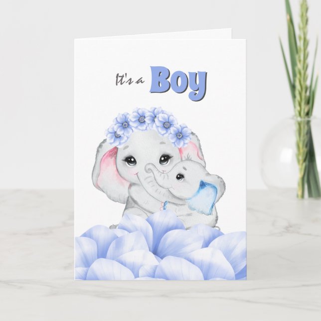 Blue elephant baby boy birth announcement (Front)