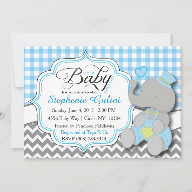 Blue Elephant Baby Boy Shower Invite (Front)