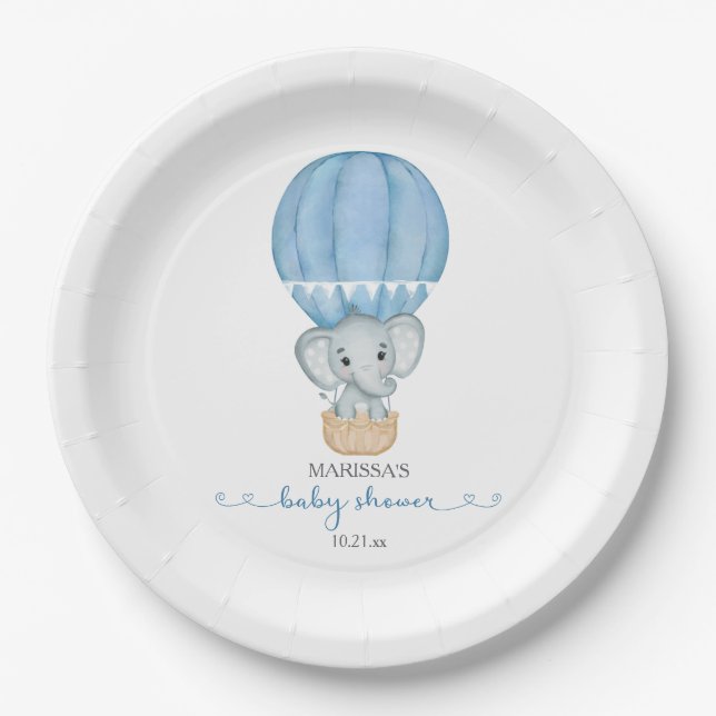 Blue Elephant Baby Boy Shower Paper Plate (Front)