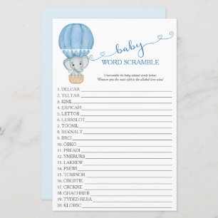 Blue Elephant Baby Boy Shower Word Scramble Game