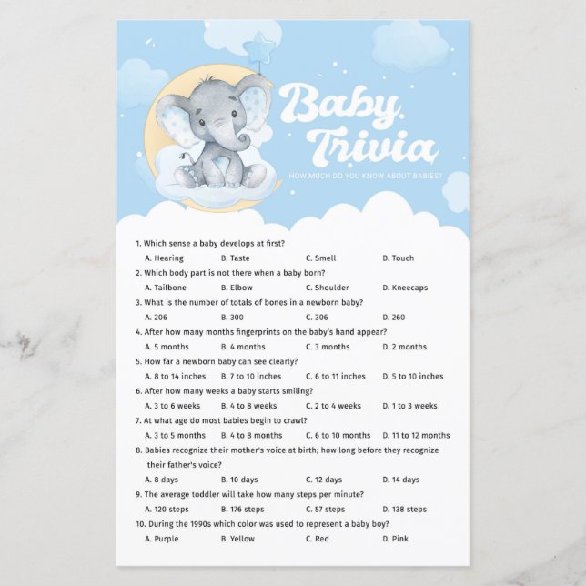 Blue Elephant Baby Shower Baby Trivia Game (Front)