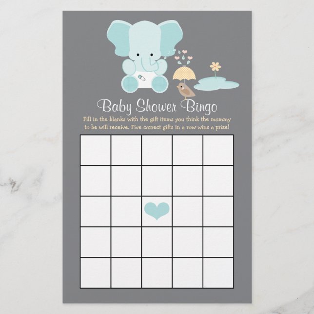 Blue Elephant Baby Shower Bingo (Front)