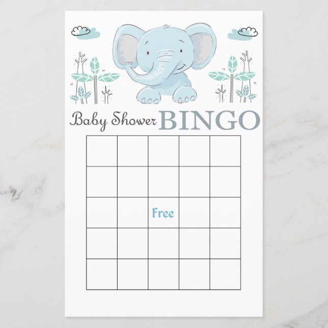 Blue elephant baby shower bingo card (Front)