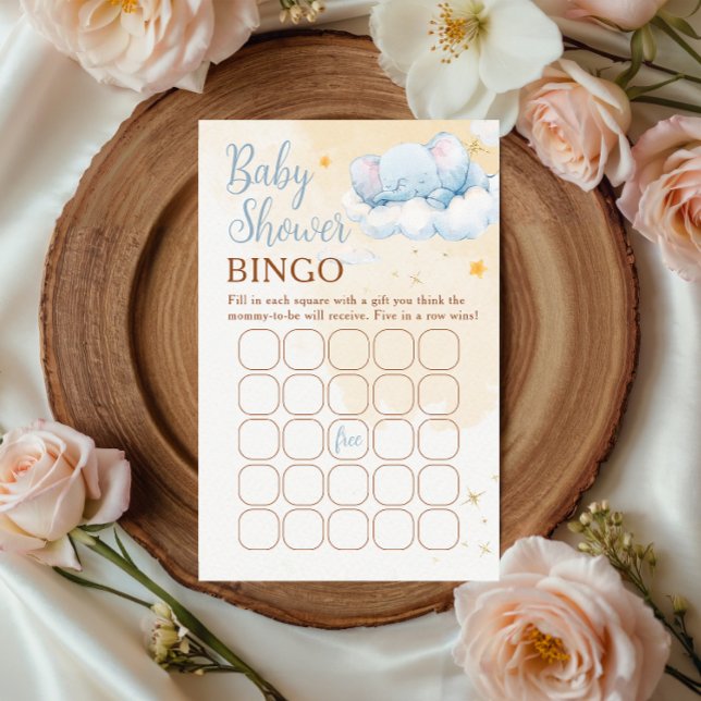 Blue Elephant Baby Shower Bingo Game Card Cloud  (Creator Uploaded)