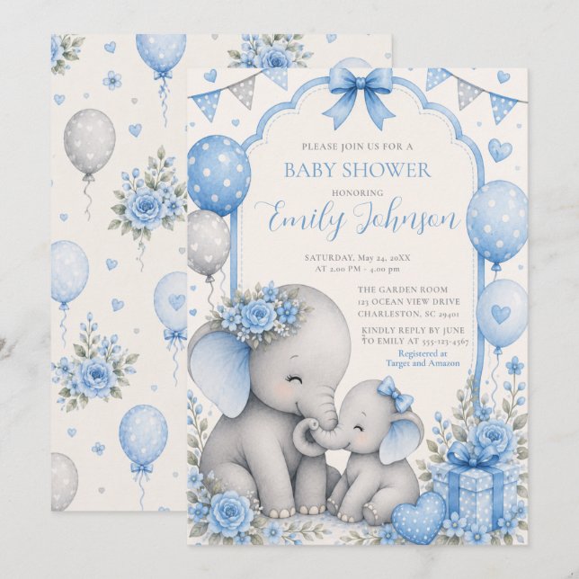 Blue Elephant Baby Shower Invitation (Front/Back)