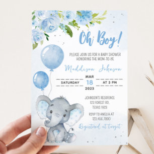Blue Elephant Baby Shower Invitation