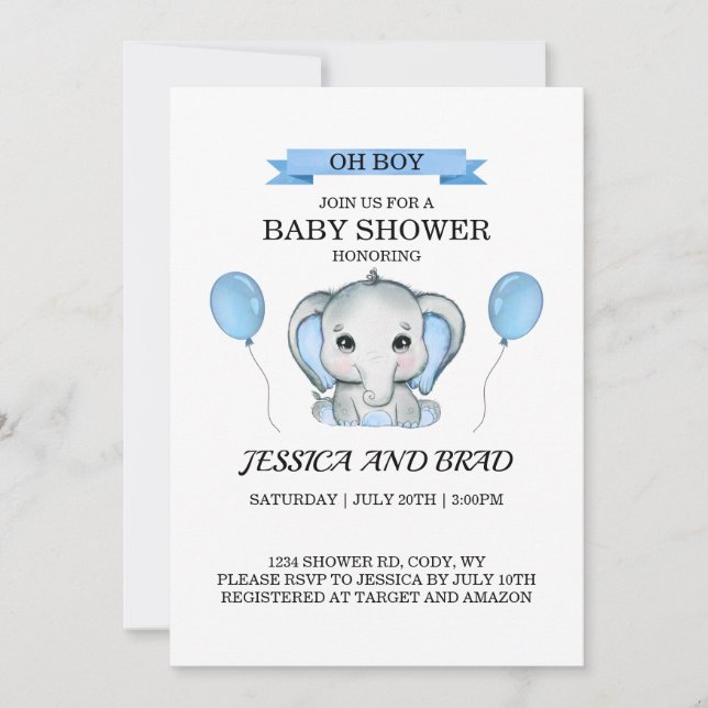 Blue Elephant baby Shower Invitation (Front)