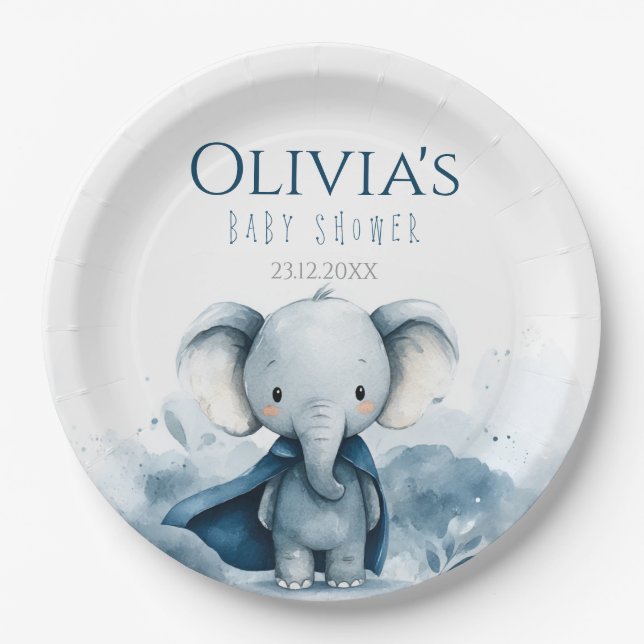 Blue Elephant Baby Shower Paper Plates (Front)
