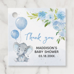 Blue Elephant Baby Shower Square Favour Tags