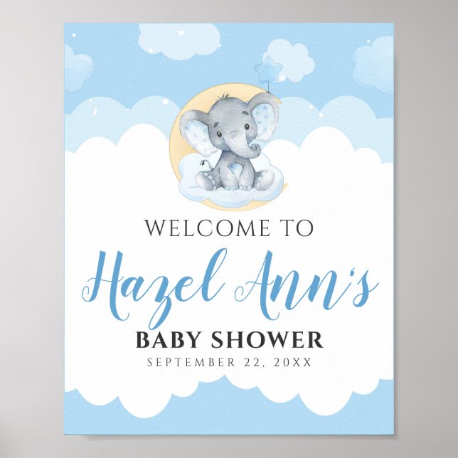 Blue Elephant Baby Shower Welcome Sign (Front)