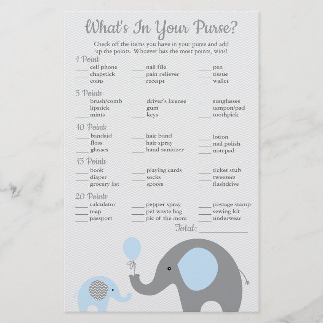 Blue Elephant Baby Shower What's in Your Purse Flyer (Front)