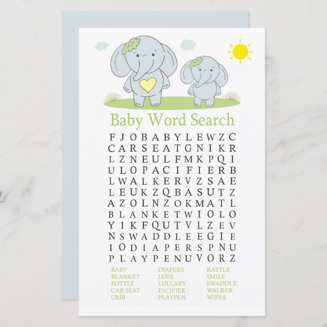 Blue elephant Baby Shower Word Search Game (Front/Back)