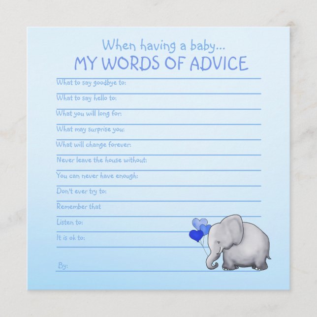 Blue Elephant Baby Shower Words of Advice for Baby Card (Front)