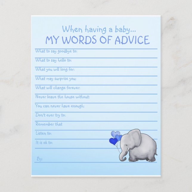 Blue Elephant Baby Shower Words of Advice Game (Front)