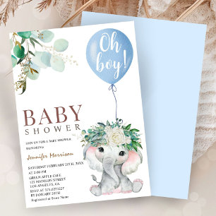 Blue Elephant Balloon Baby Shower Boy Invitation