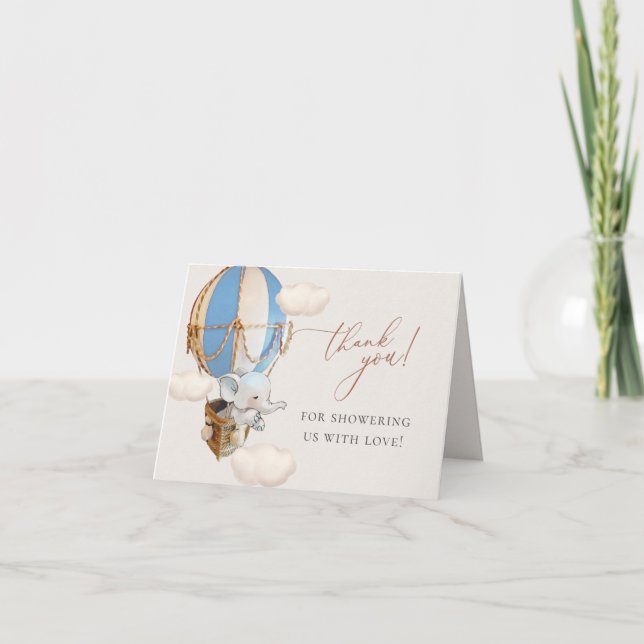 Blue Elephant Balloon Baby Shower Thank You Card (Front)