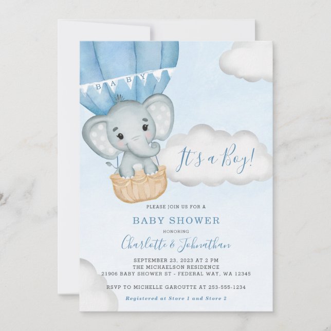 Blue Elephant Balloon Boy Baby Shower Invitation (Front)