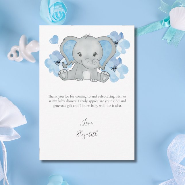 Blue Elephant Balloon Flower Baby Boy Baby Shower  Thank You Card (Blue Elephant Baby Shower Thank you Note cards for Boy Baby Shower)