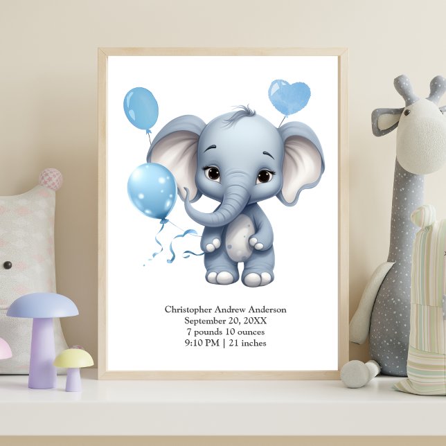 Blue Elephant Balloons Baby Birth Stats Nursery Poster (Blue Elephant with Balloons Baby Boy Nursery Wall Art Birth Stats Print)