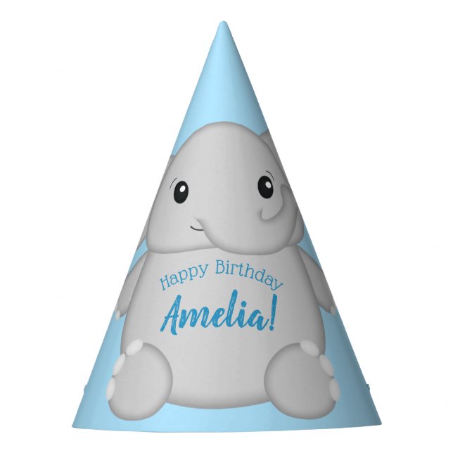 Blue Elephant Birthday Party Hat (Front)