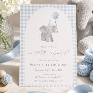 Blue Elephant Blue Gingham Birthday  Watercolor Invitation