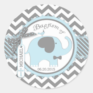 Blue Elephant Bow Tie and Chevron Print Baptism Classic Round Sticker