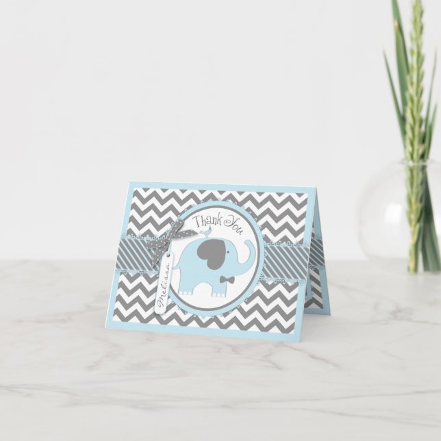 Blue Elephant Bow Tie Chevron Print Thank You Card (Front)