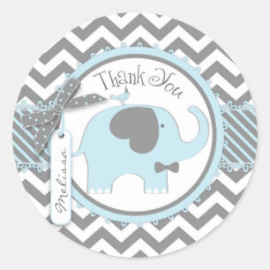 Blue Elephant Bow-tie Chevron Print Thank You Classic Round Sticker