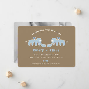 Blue Elephant Bow Tie Twins Baby Boys Photo Birth Announcement