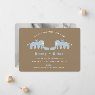 Blue Elephant Bow Tie Twins Baby Boys Photo Birth Announcement