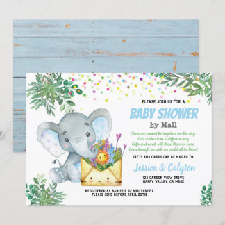 Blue Elephant boy baby shower by mail greenery Invitation
