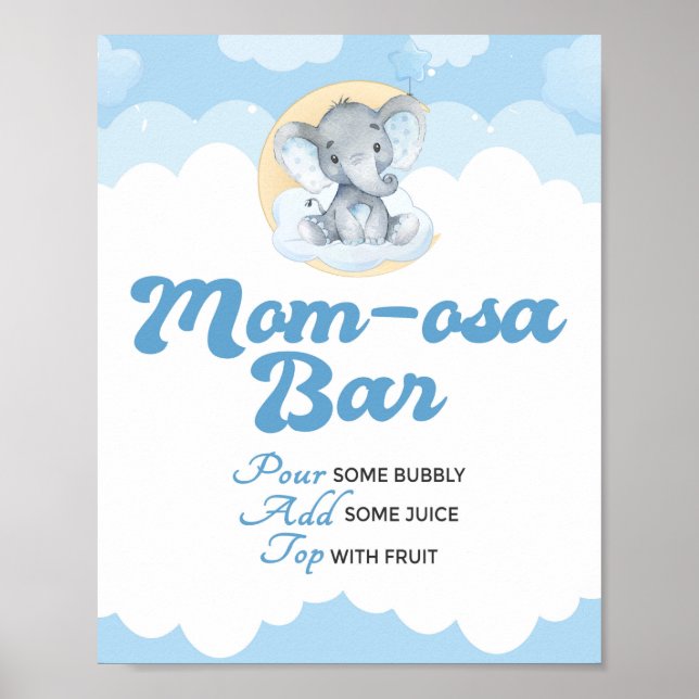 Blue Elephant Boy Baby Shower Momosa Bar Sign (Front)