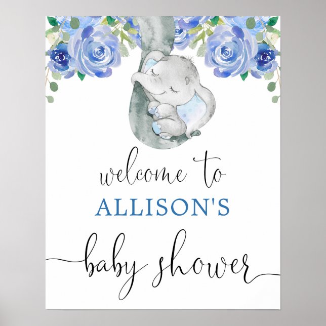 Blue elephant boy baby shower welcome sign (Front)