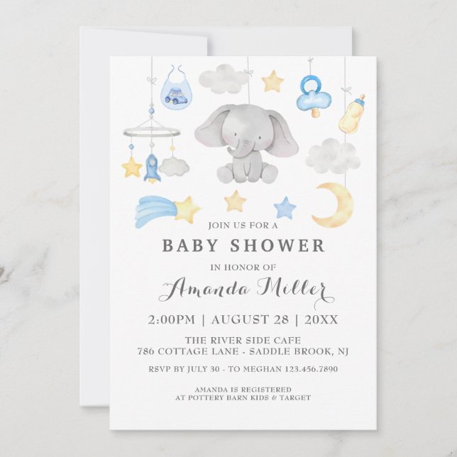Blue Elephant Boy Baby Toys Baby Shower Watercolor Invitation (Front)