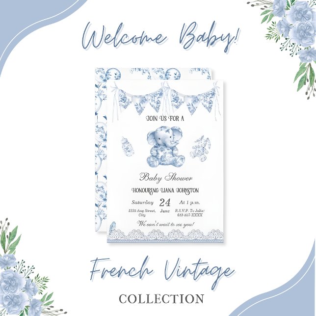Blue Elephant Chinoiserie-Baby Shower Invitation (elephant-baby-shower-vintage-blue-collection)